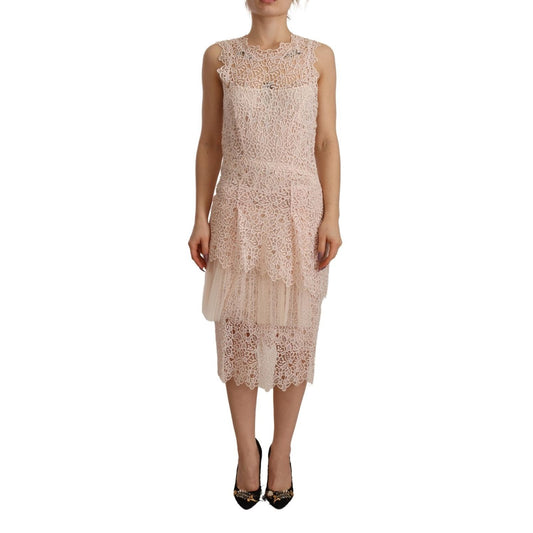 Ermanno Scervino Sheath Tiered Beige Viscose Sleeveless Midi Dress