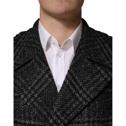 Dolce & Gabbana Grey Double Breasted Plaid Wool Coat Jacket