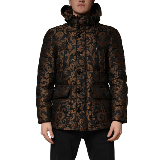 Dolce & Gabbana Black Floral Jacquard Quilted Hooded Jacket
