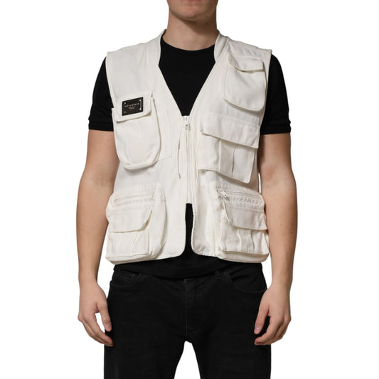 Dolce & Gabbana White Cotton Cargo Men Vest Coat Jacket
