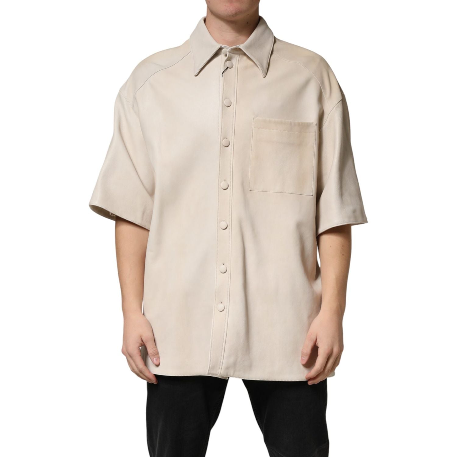 Dolce & Gabbana Beige Leather Button Down Men Casual Shirt