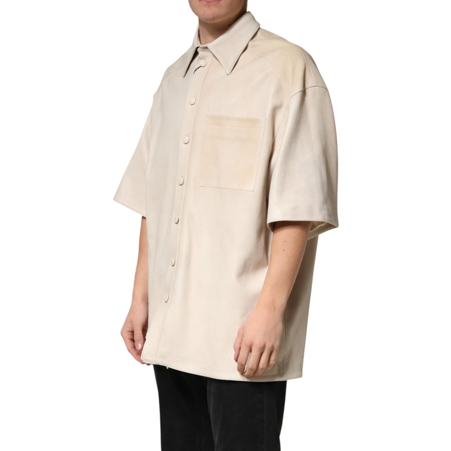 Dolce & Gabbana Beige Leather Button Down Men Casual Shirt