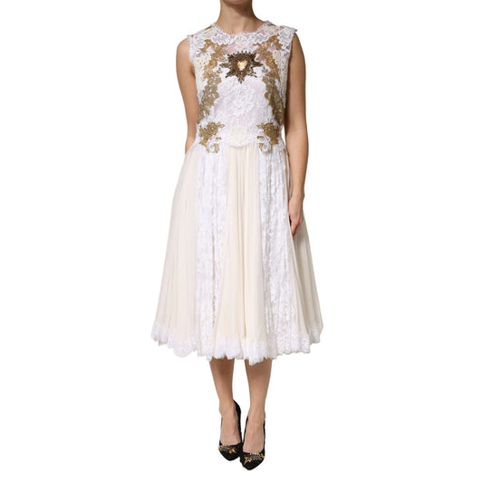 Dolce & Gabbana Ivory Lace Silk Embellished Sleeveless Dress