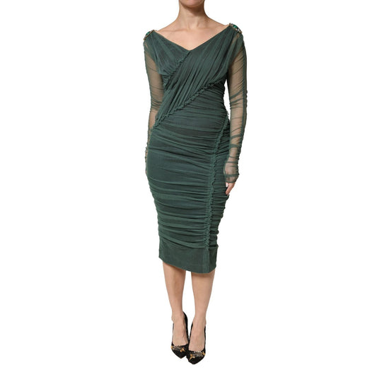 Dolce & Gabbana Green Ruched Mesh Sheer Sleeves Midi Dress
