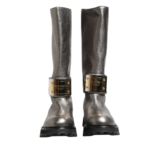 Dolce & Gabbana Metallic Silver Leather Mid Calf Boots Shoes