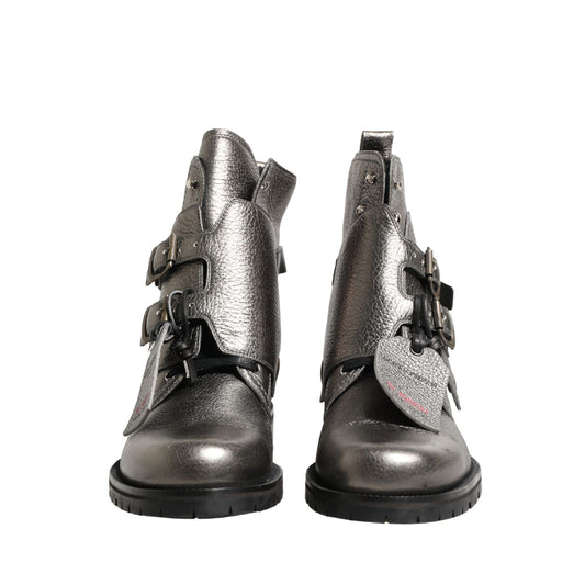 Dolce & Gabbana Metallic Silver Leather Buckle Ankle Boots Shoes