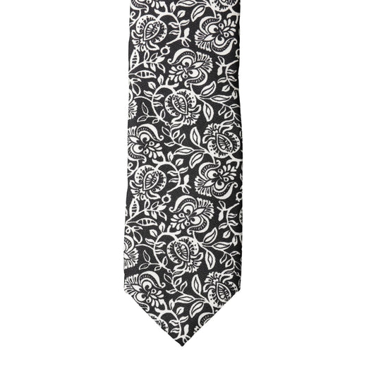 Dolce & Gabbana Black White Floral Fantasy Silk Adjustable Necktie Tie