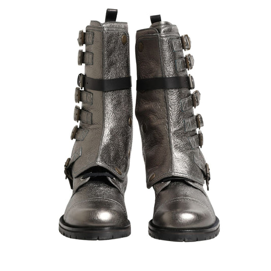 Dolce & Gabbana Metallic Silver Combat Biker Mid Calf Boots Shoes