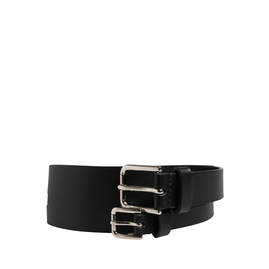 Dolce & Gabbana Black Double Strap Leather Silver Buckle Belt