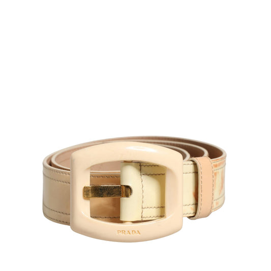 Prada Beige Leather Logo Wide Waist Women Square Buckle Belt