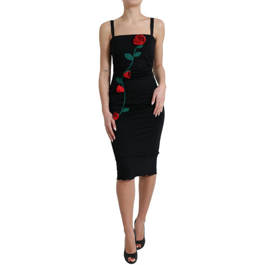 Dolce & Gabbana Black Wool Sleeveless Rose Applique Dress