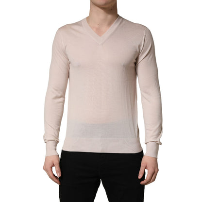 Dolce & Gabbana Beige Cashmere V-neck Men Pullover Sweater