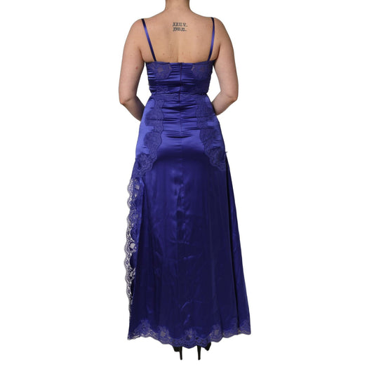 Dolce & Gabbana Blue Sleeveless Lace Trim A-line Gown Dress