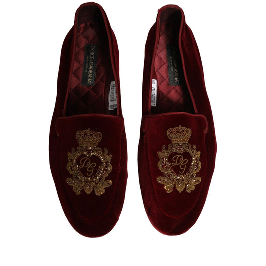 Dolce & Gabbana Maroon Velvet Crown Embroidery Loafers Shoes