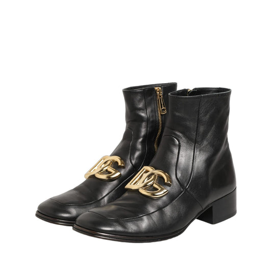Dolce & Gabbana Black Leather DG Logo Plaque Shorts Ankle Boots Shoes