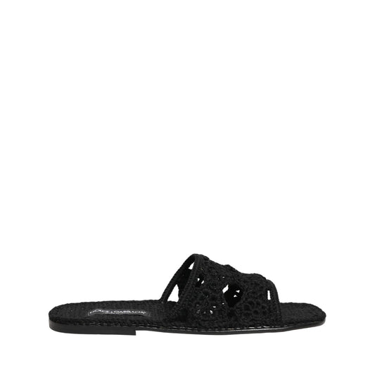 Dolce & Gabbana Black Fabric Woven Slides Sandals Flats Shoes