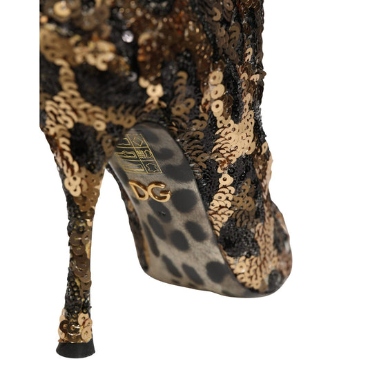 Dolce & Gabbana Gold Leopard Sequin Sock Ankle Boots Shoes
