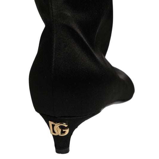Dolce & Gabbana Black Satin Knee High Kitten Boots Shoes