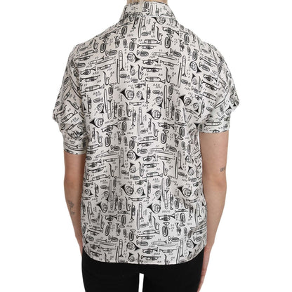 Dolce & Gabbana Trumpet Print Button Front Silk Top Blouse Dolce & Gabbana