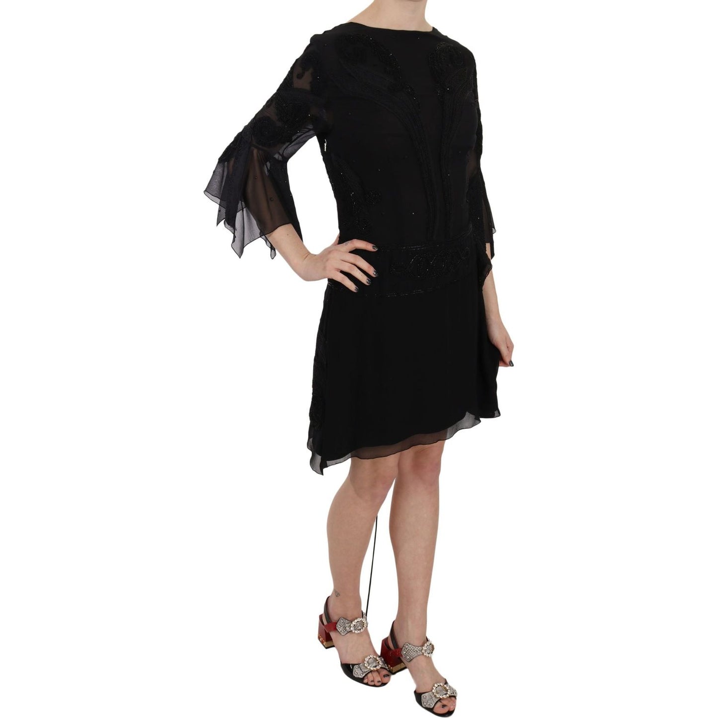 John Richmond Elegant Black Sequined Silk Mini Dress John Richmond