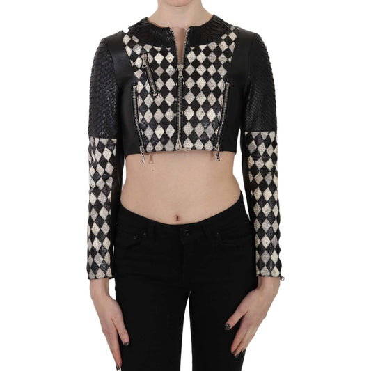John Richmond Black White Leather Short Cropped Biker Jacket Coat