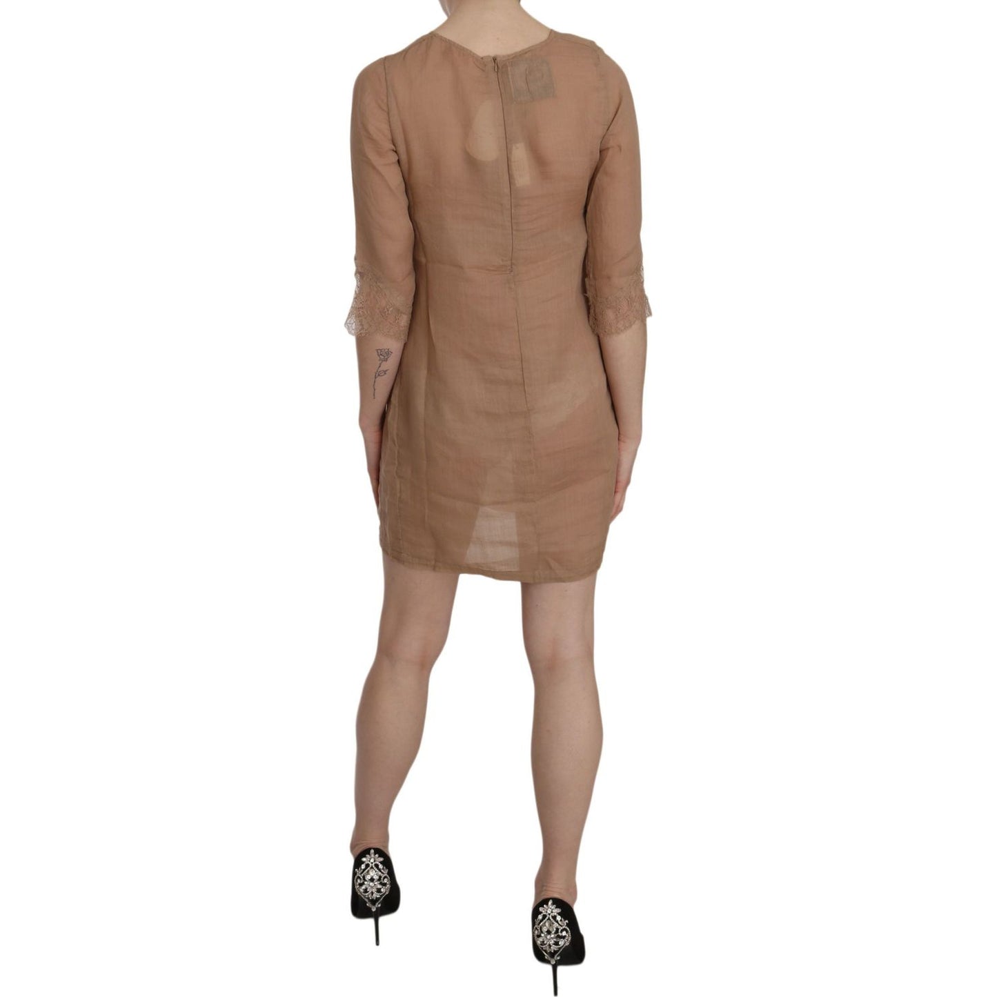 PINK MEMORIES Brown 3/4 Sleeve Crewneck Shift Mini Dress