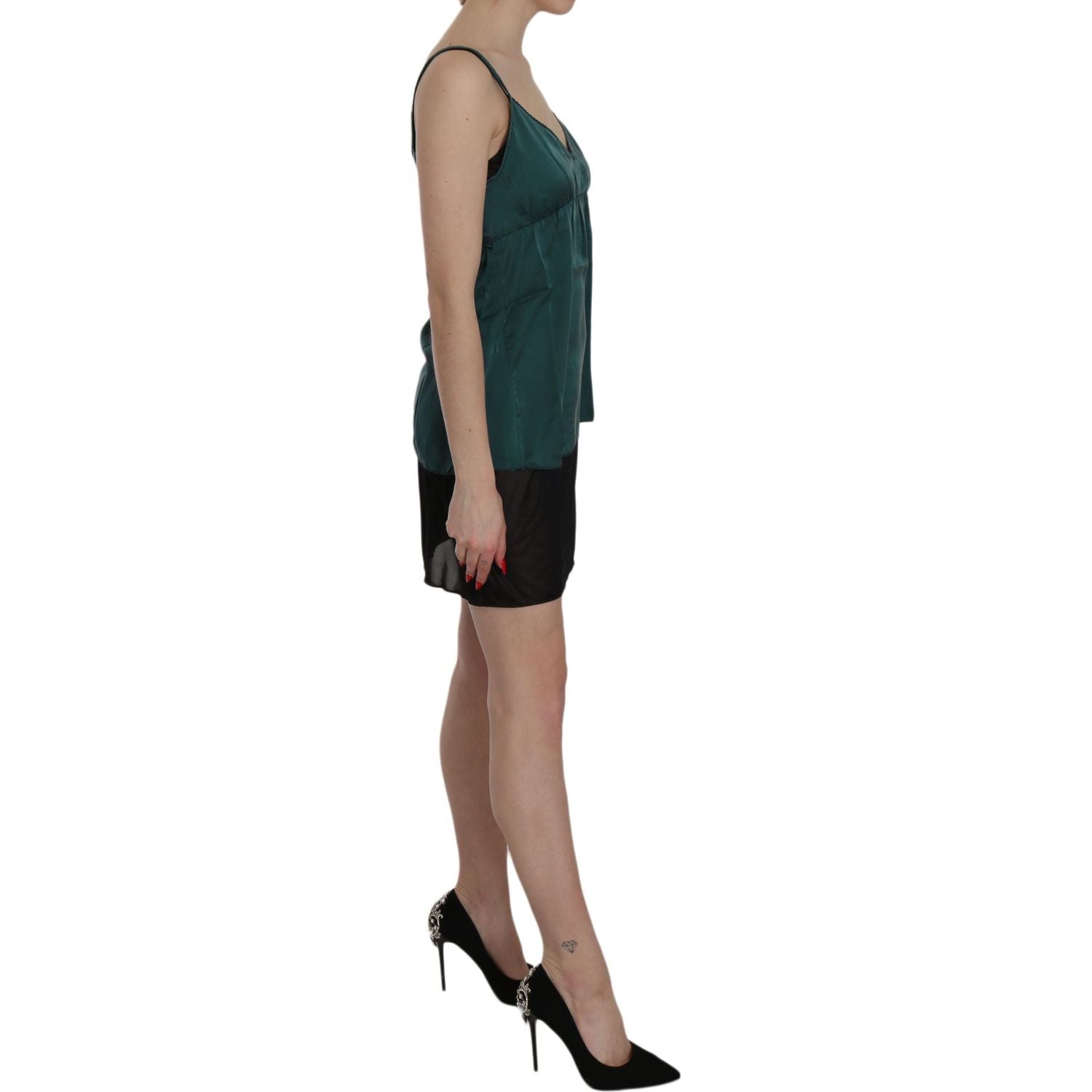 PINK MEMORIES Silk Green Spaghetti Strap Shift Mini Dress