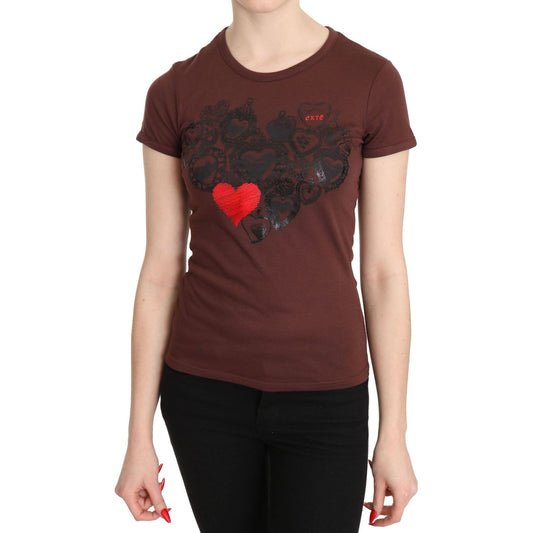 Exte Brown Hearts Printed Round Neck T-shirt Top Exte