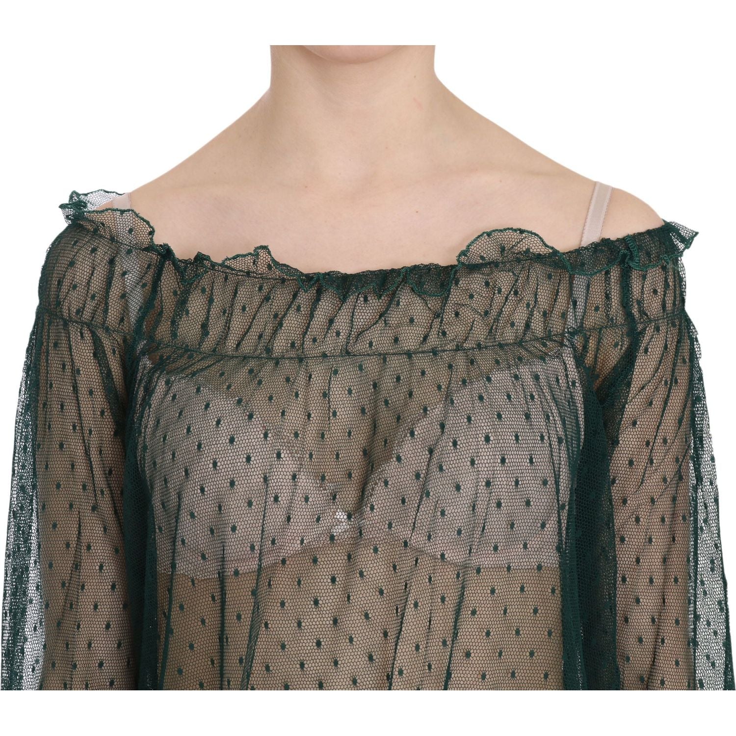 PINK MEMORIES Green Mesh See Through Long Sleeve Top Blouse