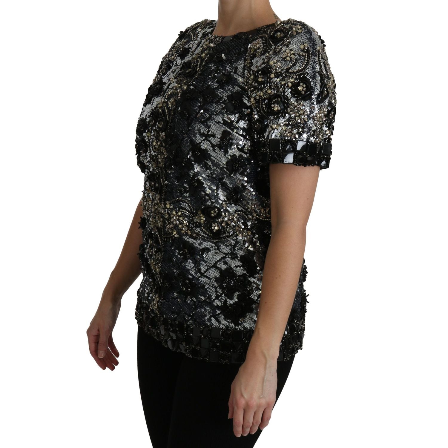Dolce & Gabbana Black Sequined Crystal Embellished Top Blouse
