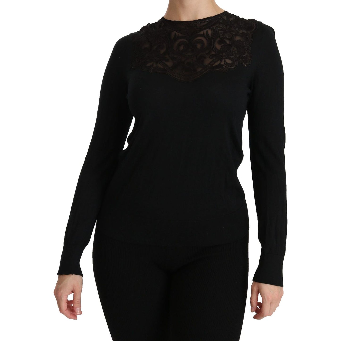 Dolce & Gabbana Black Silk Lace Crew Neck Long Sleeve Blouse