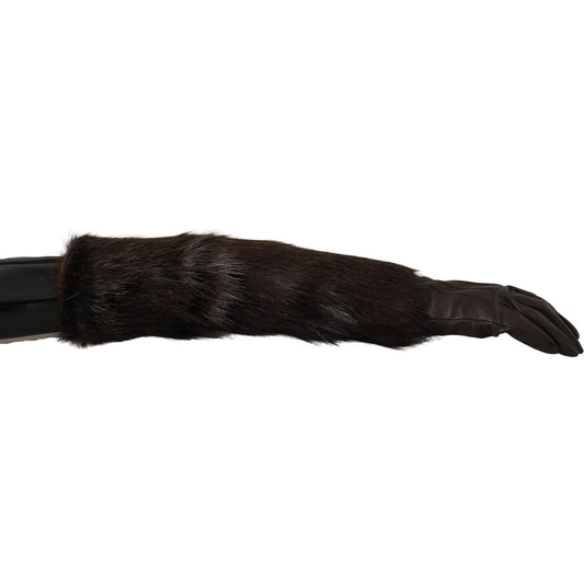 Dolce & Gabbana Brown Elbow Length Mittens Leather Fur Gloves Dolce & Gabbana