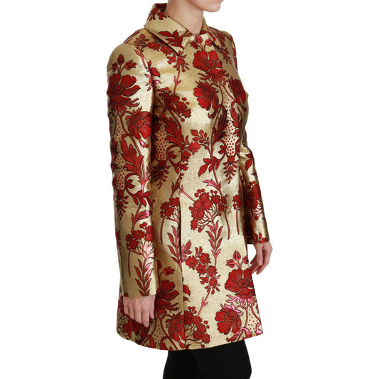 Elegant Gold Floral Brocade Trench Coat