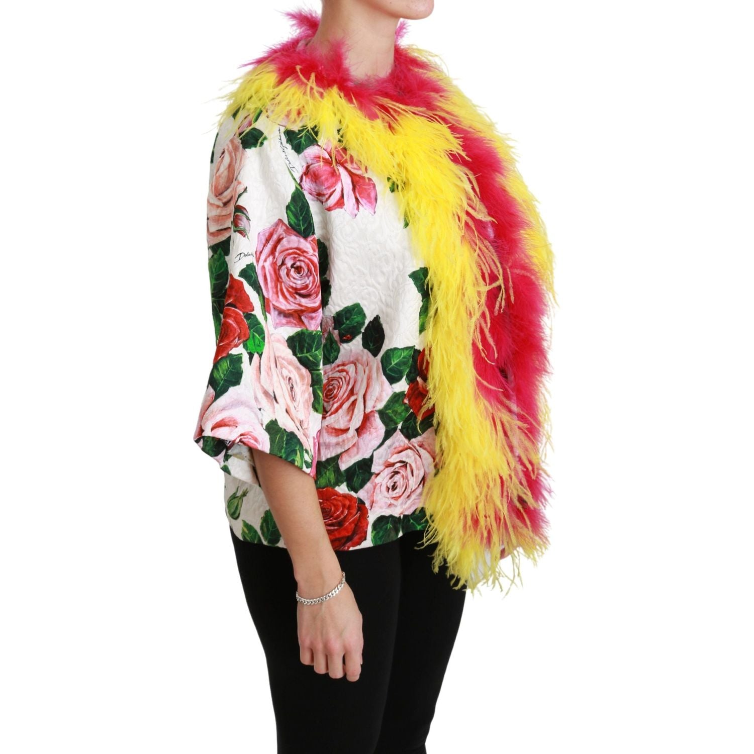Dolce & Gabbana White Floral Coat Capte Fur Roses Jacket