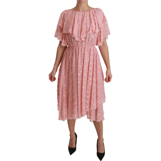 Dolce & Gabbana Silk Pink Polka Dots Pleated A-line Midi Dress
