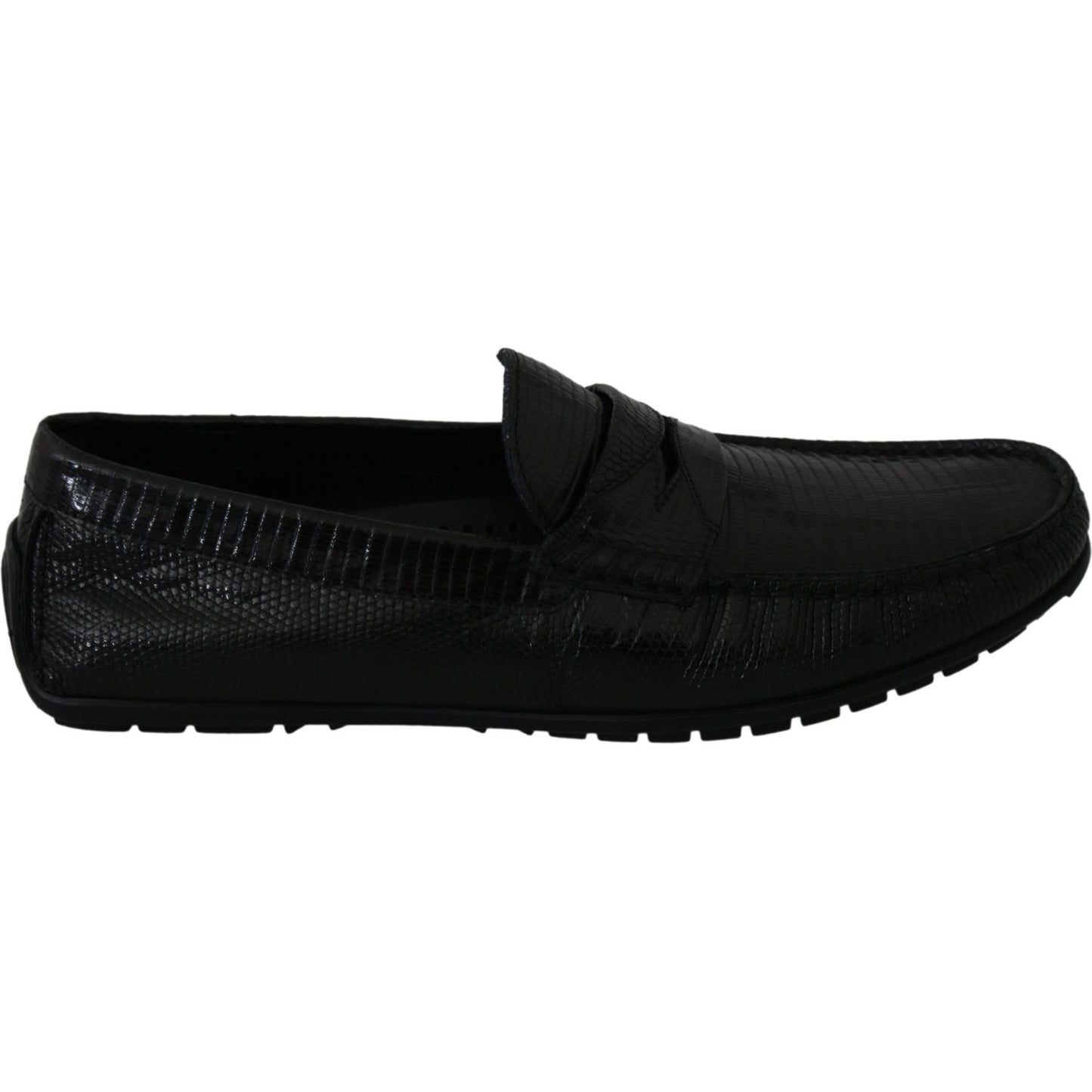 Dolce & Gabbana Black Lizard Leather Flat Loafers Shoes