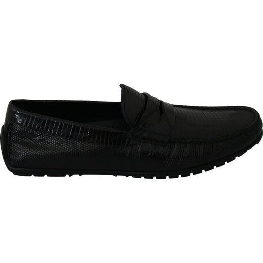 Dolce & Gabbana Black Lizard Leather Flat Loafers Shoes Dolce & Gabbana