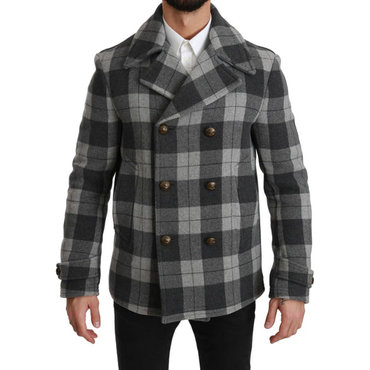 Elegant Gray Check Double Breasted Coat