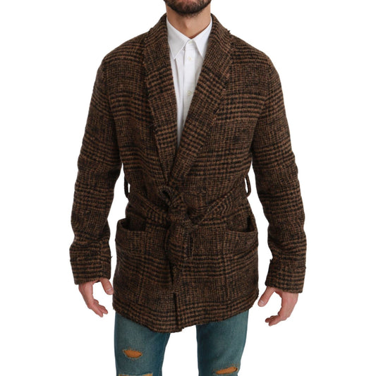 Dolce & Gabbana Brown Checkered Wool Robe Coat Wrap Jacket Dolce & Gabbana