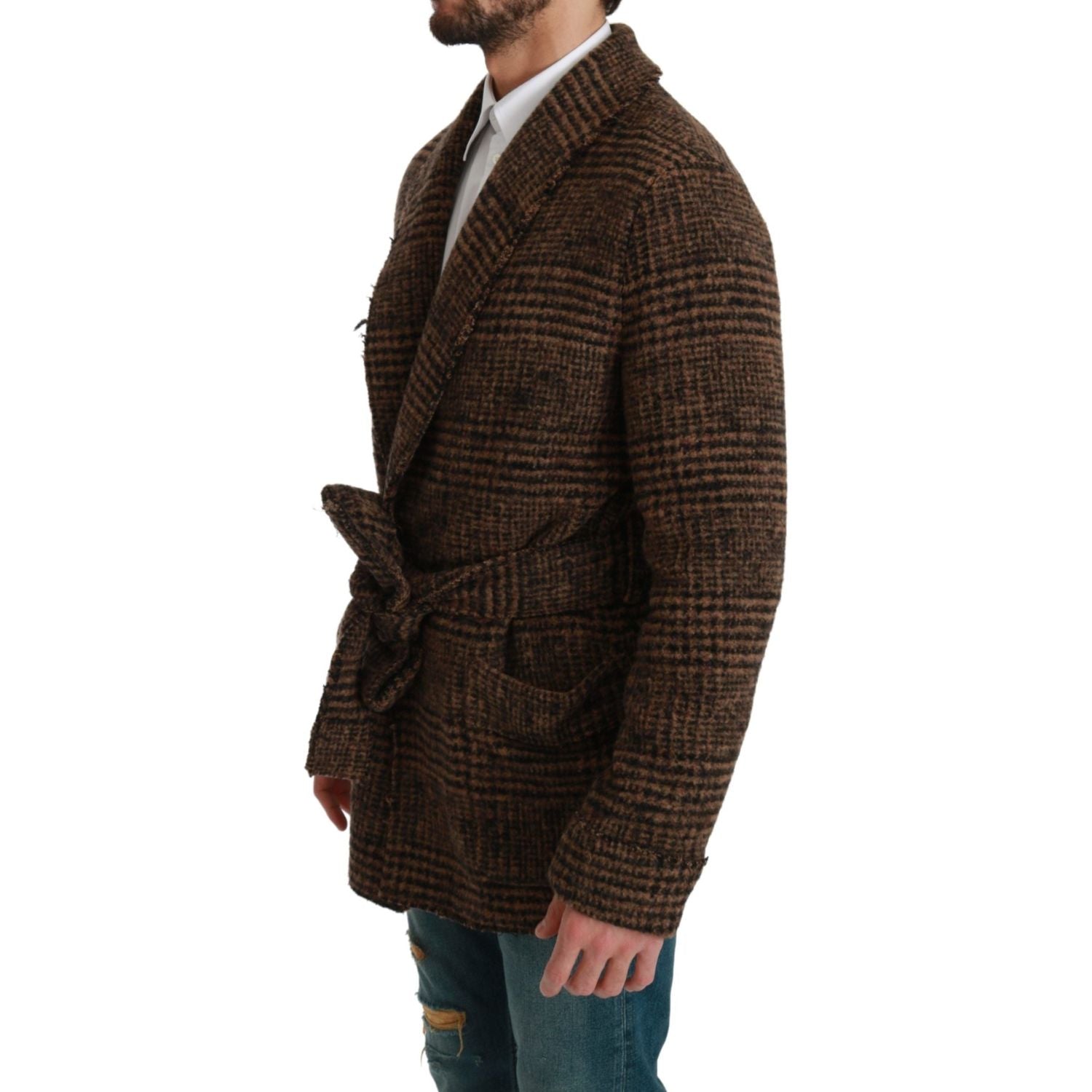 Dolce & Gabbana Brown Checkered Wool Robe Coat  Wrap Jacket