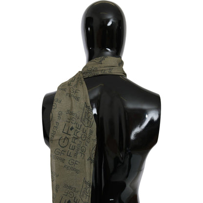 GF Ferre Green Wool Viscose Foulard Patterned Branded Scarf GF Ferre