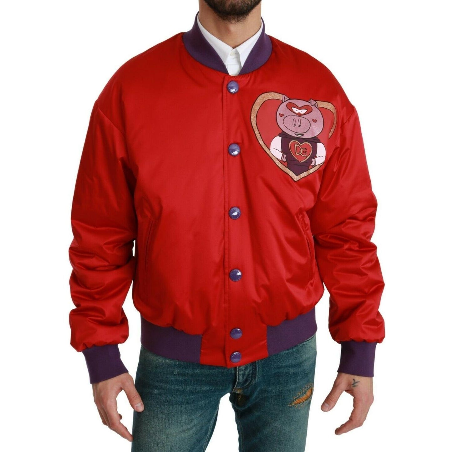 Dolce & Gabbana Vibrant Red Bomber Jacket with Multicolor Motif Coats & Jackets Dolce & Gabbana