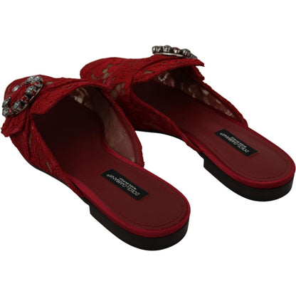 Dolce & Gabbana Red Lace Crystal Slide On Flats Shoes