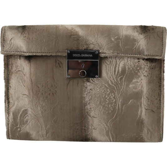 Dolce & Gabbana Beige Velvet Croco-Print Leather Briefcase Clutch Clutch Dolce & Gabbana