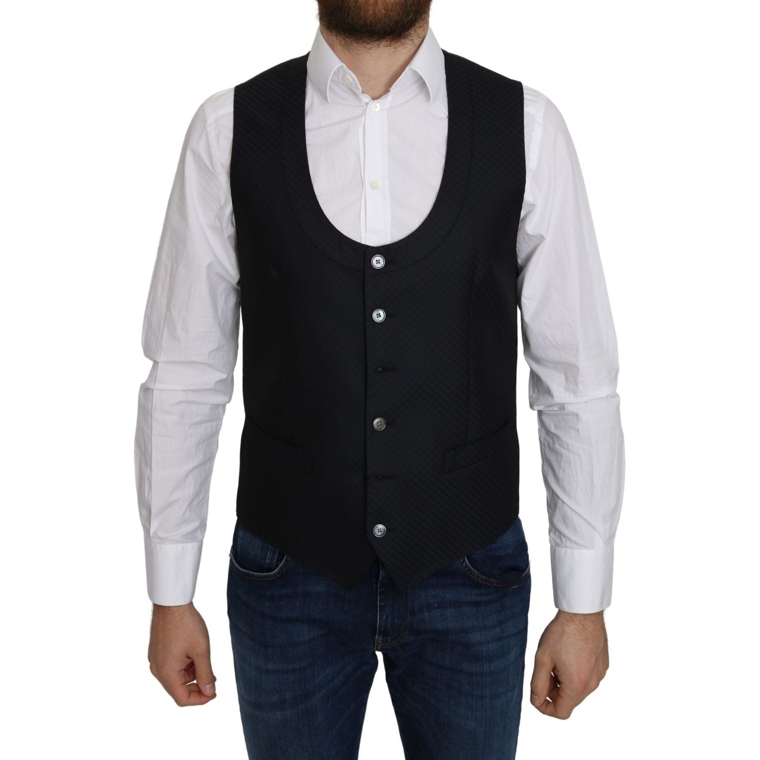 Dolce & Gabbana Blue Silk Romb Pattern Formal Coat Vest