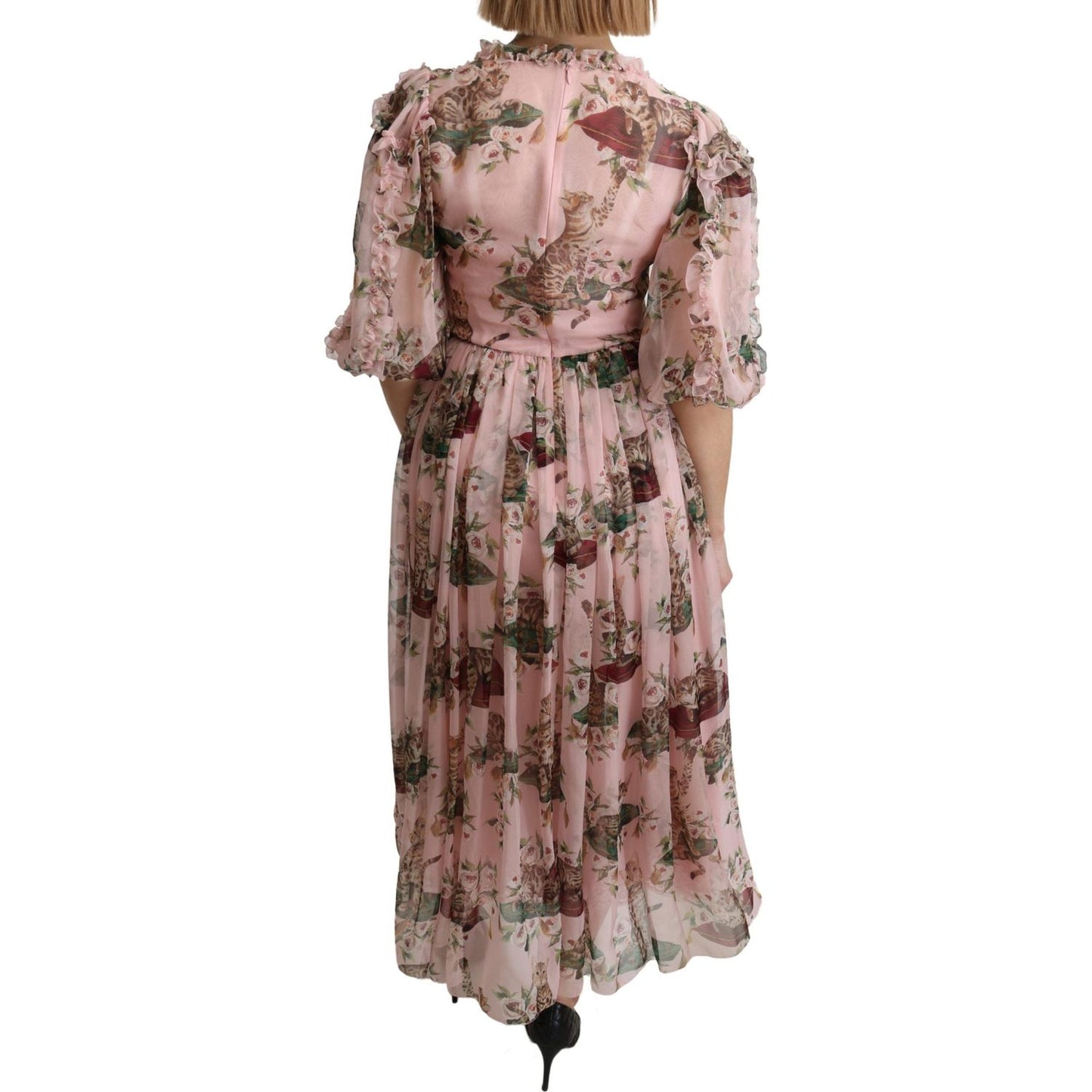 Dolce & Gabbana Pink Bengal Cat Print A-line Maxi Silk Dress