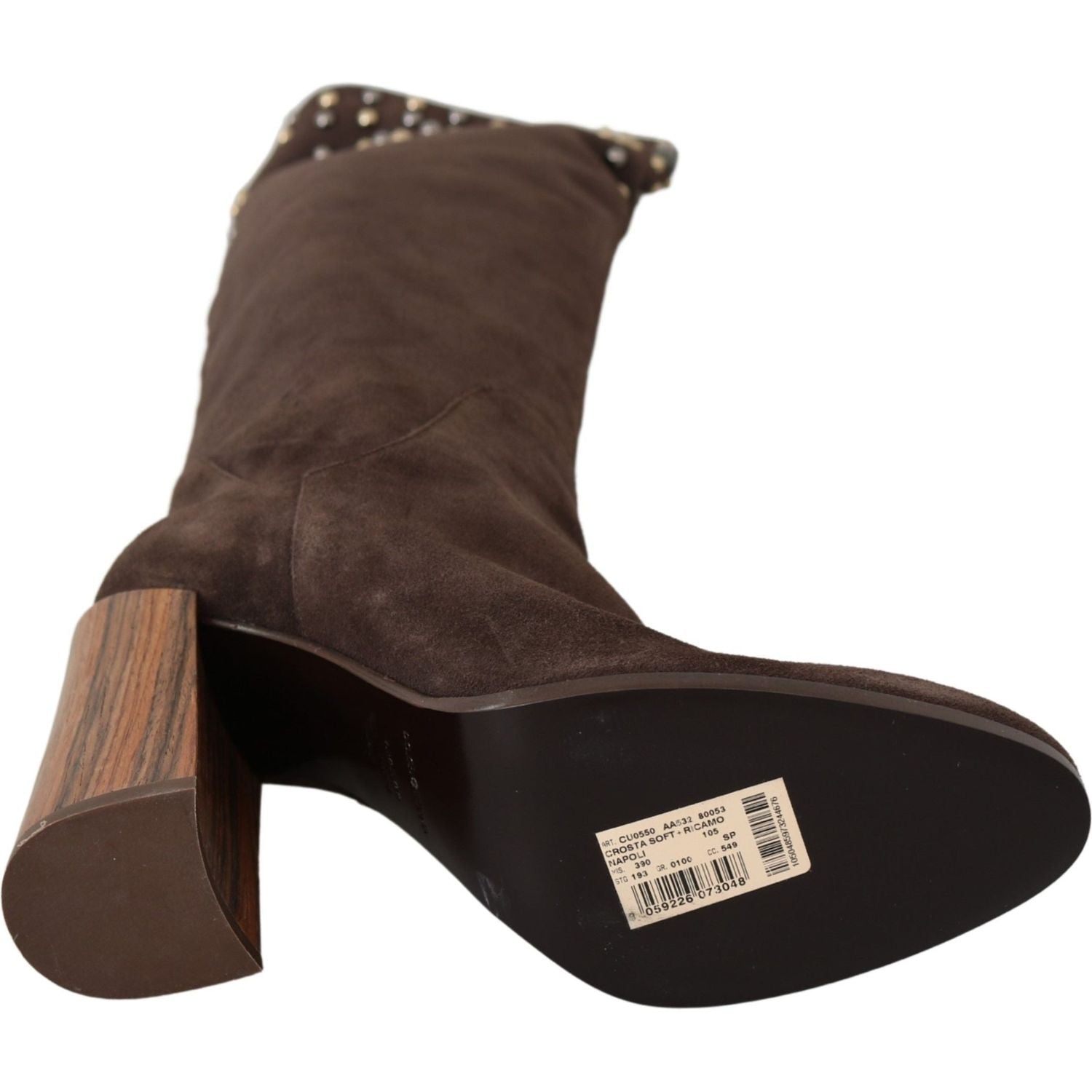 棕色铆钉绒面及膝靴