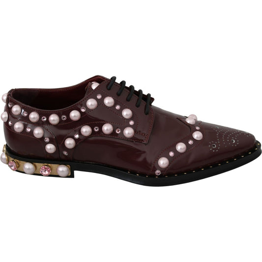 Dolce & Gabbana Elegant Bordeaux Lace-Up Flats with Pearls and Crystals Dolce & Gabbana