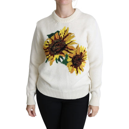 Dolce & Gabbana White Floral Wool Pullover Sunflower Sweater