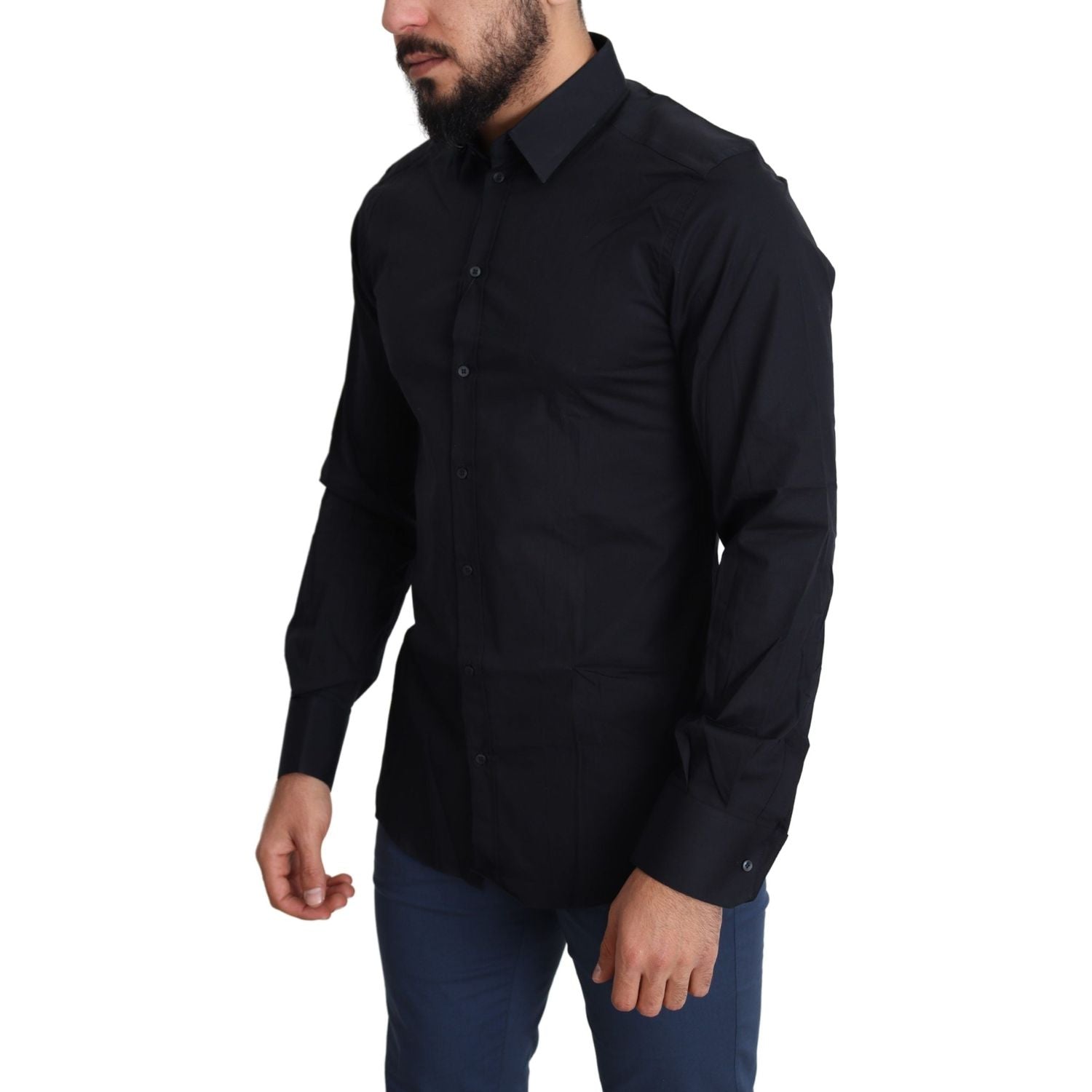 时尚黑色修身棉质弹力衬衫